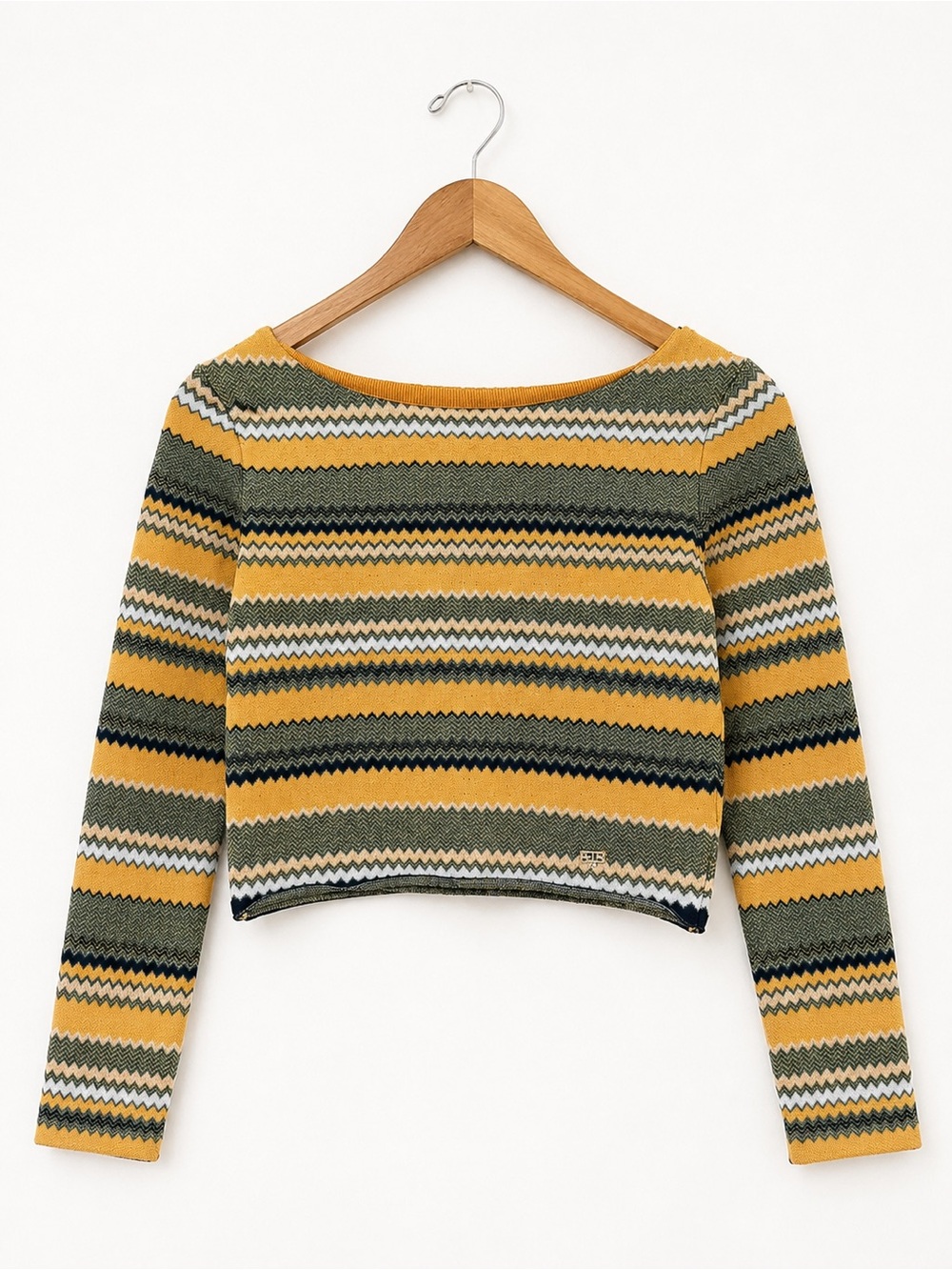 Elisabetta Franchi Italy Zigzag Knit Crop Sweater Mustard Gray Size 38